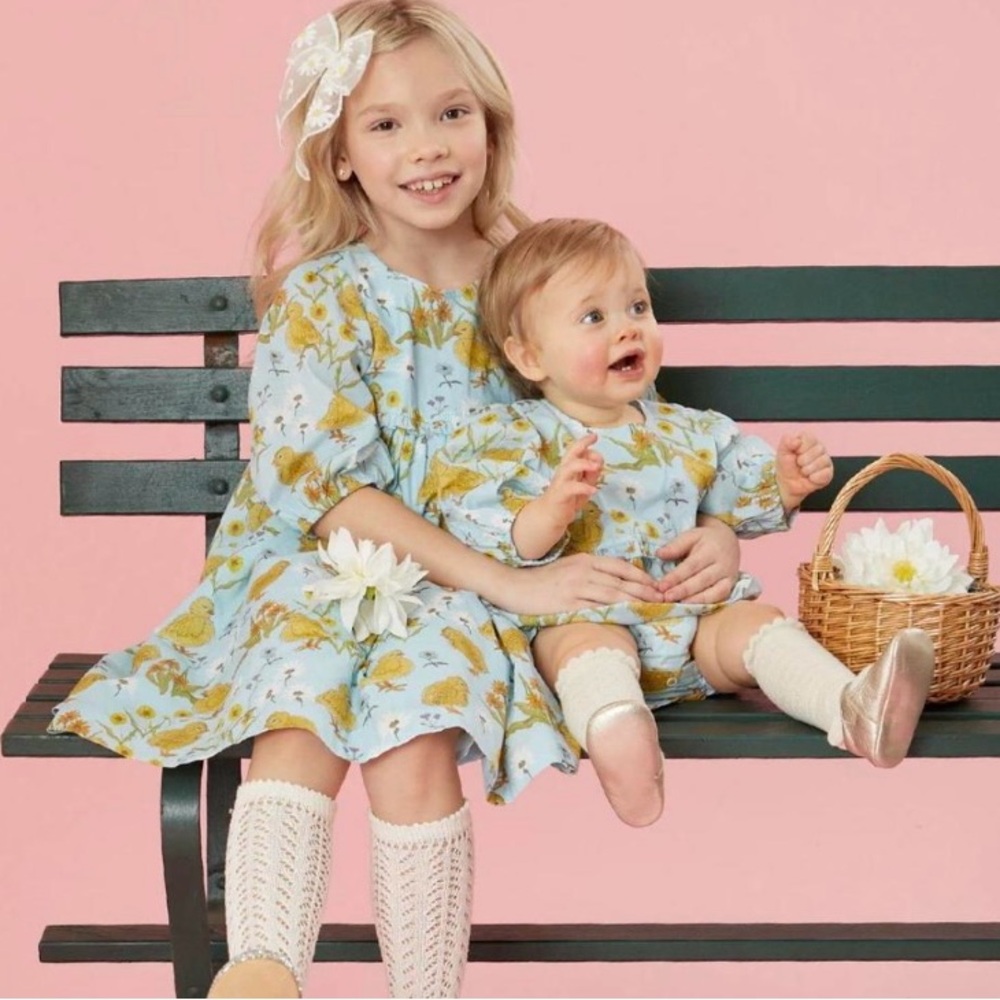 **NWT** Pink Chicken Light Blue Dress with Yellow Chick and Floral Pattern - Picture 4 of 5